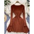 French style light luxury high-end solid color knitted dress for women in autumn and winter, V-neck waist design, niche temperament long skirt