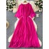 High end elegant dress for women in early autumn, with a floral round neck, pleated waist, slimming effect. Chiffon skirt, long skirt