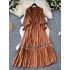 Autumn clothing niche retro heavy industry embroidery lace splicing horn long sleeved drawstring waist slimming ruffle edge dress