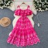 French style design, off shoulder suspender, ruffle edge, waist cinching, slimming effect, heavy industry hollowed out embroidery, A-line vacation style dress