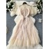 French retro palace style dress for women, embroidered and hollowed out lace round neck, cinched waist, slimming effect, mesh puffy skirt