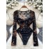 Pure desire spicy girl sexy thin long sleeved lace jumpsuit women's collar low chest versatile slim fit and slimming bottom top