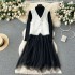 Fashion suit women's autumn and winter small fragrance style fur patchwork vest+waist cinching slimming mesh patchwork knitted dress