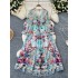 European and American court retro dress for socialites, fashionable V-neck flared long sleeved waist slimming slit printed long skirt