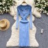 Autumn new style French retro polo collar long sleeved waist cinching slimming temperament knitted dress women's tight fitting hip hugging skirt