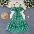 French style design, off shoulder suspender, ruffle edge, waist cinching, slimming effect, heavy industry hollowed out embroidery, A-line vacation style dress