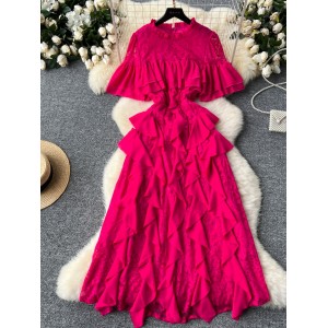 European and American style dress with women's summer design sense, spliced round neck flared sleeves, cinched waist for slimming, lace lotus leaf edge skirt