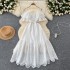 French style design, off shoulder suspender, ruffle edge, waist cinching, slimming effect, heavy industry hollowed out embroidery, A-line vacation style dress