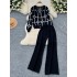 Xiaoxiangfeng Western style two-piece women's autumn and winter fashion versatile long sleeved printed knitted cardigan wide leg pants sweater set