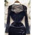 European and American sexy spicy girl square neck collarbone long sleeved lace patchwork satin slit dress, socialite sexy dress