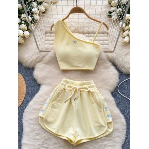 Sweet and spicy girl set, women's summer casual sports two-piece set, heart mechanism, slanted collar, off shoulder camisole vest, high waist wide leg pants