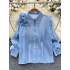 Autumn women's new versatile shirt 2024 design sense three-dimensional flower pleated lantern sleeves versatile long sleeved top