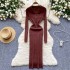 Autumn new style French retro polo collar long sleeved waist cinching slimming temperament knitted dress women's tight fitting hip hugging skirt