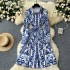 European and American niche retro fashion printed dress, women's autumn outfit with straps, waist cinching, single breasted, medium length shirt and skirt