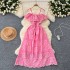 Sweet and gentle wind heart machine, shoulder strap, ruffle edge, waist cinching, slimming effect, hollow out embroidery, vacation style fairy dress