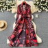 European and American style large edition dress for women, fashionable and stylish, versatile with a lapel and waist cinching strap, medium to long pleated printed jacket