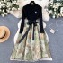 New autumn and winter knitted patchwork jacquard dress for women, with French retro court Hepburn style waist cinching fairy dress for women