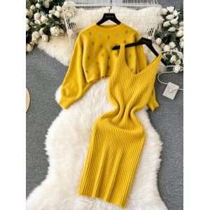 Sweater Women's Winter Set Short Long Sleeve Hoodie Fashionable Outerwear Versatile Strap Vest Skirt Two Piece Set Dress