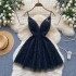 Sweet V-neck camisole puffy dress with French temperament for women, lace patchwork mesh embroidery V-neck backless fairy dress