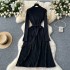 French high-end round neck cinched waist slimming cinched waist strap mid length knitted dress for women, paired with sweater skirt