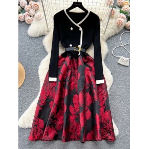 French court style dress, women's niche high-end temperament, knitted splicing jacquard fluffy fake two-piece long dress