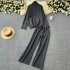 Lazy style slimming slit high neck sweater women's autumn and winter two-piece set versatile age reducing high waisted knitted casual wide leg pants