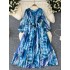 French high-end heavy embroidery bead sequins V-neck lantern sleeves high waist slimming temperament medium long printed dress