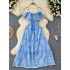 Sweet and gentle wind heart machine, shoulder strap, ruffle edge, waist cinching, slimming effect, hollow out embroidery, vacation style fairy dress