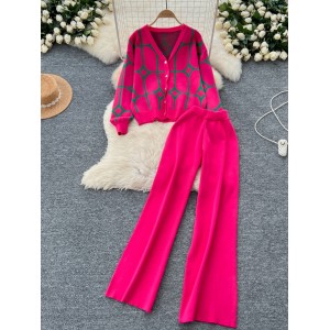 Xiaoxiangfeng Western style two-piece women's autumn and winter fashion versatile long sleeved printed knitted cardigan wide leg pants sweater set