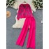 Xiaoxiangfeng Western style two-piece women's autumn and winter fashion versatile long sleeved printed knitted cardigan wide leg pants sweater set