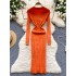 Autumn new style French retro polo collar long sleeved waist cinching slimming temperament knitted dress women's tight fitting hip hugging skirt