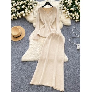 Autumn and winter new style small fragrance high-end V-neck single breasted knitted cardigan top two-piece set women's versatile skirt