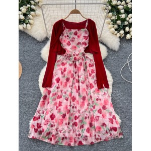 Temperament two-piece women's autumn outfit new gentle style, waist cinching slimming camisole floral dress, long sleeved shawl jacket