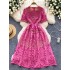 High end Western style dress for women, French retro heavy industry hollow lace round neck short sleeved waist cinched mid length dress