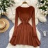 French style light luxury high-end solid color knitted dress for women in autumn and winter, V-neck waist design, niche temperament long skirt