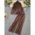 Lazy style slimming slit high neck sweater women's autumn and winter two-piece set versatile age reducing high waisted knitted casual wide leg pants