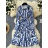 European and American niche retro fashion printed dress, women's autumn outfit with straps, waist cinching, single breasted, medium length shirt and skirt