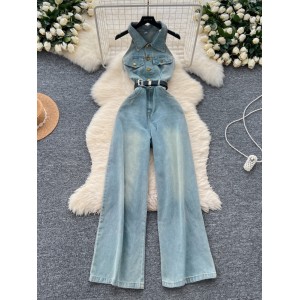 Jumpsuit women's summer chic niche Korean fashion lapel single breasted waist cinching slimming denim wide leg casual pants