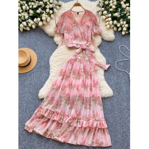 French design cross tie waist cinched V-neck floral chiffon top women's summer two-piece set high waist skirt