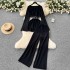 European and American style fashion suit for women in autumn and winter, with flared sleeves and a cinched waist, loose knit sweater, high waisted wide leg casual pants