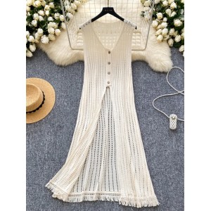 Stacked outer vest women's summer Korean versatile design sense V-neck single breasted split knit tassel cover