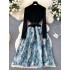 New autumn and winter knitted patchwork jacquard dress for women, with French retro court Hepburn style waist cinching fairy dress for women