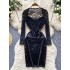 European and American sexy spicy girl square neck collarbone long sleeved lace patchwork satin slit dress, socialite sexy dress