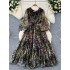 French light mature style dress for women, 2024 autumn new collection, slim waist, lantern sleeves, printed chiffon elegant long dress