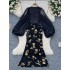 High end western-style suit for women, with a slim waist and hot stamping printed suspender dress+lantern sleeve shawl jacket