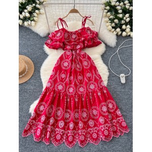 French style design, off shoulder suspender, ruffle edge, waist cinching, slimming effect, heavy industry hollowed out embroidery, A-line vacation style dress