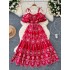 French style design, off shoulder suspender, ruffle edge, waist cinching, slimming effect, heavy industry hollowed out embroidery, A-line vacation style dress