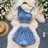 Sweet and spicy girl set, women's summer casual sports two-piece set, heart mechanism, slanted collar, off shoulder camisole vest, high waist wide leg pants