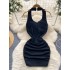 Socialite sexy heavy industry diamond studded hanging neck suspender dress, women's heart mechanism pleated waist slimming revealing dress, short skirt with exposed back