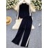 Korean casual suit women's autumn and winter two-piece set, high-end sense, color blocked long sleeved pullover sweater, versatile sweater pants